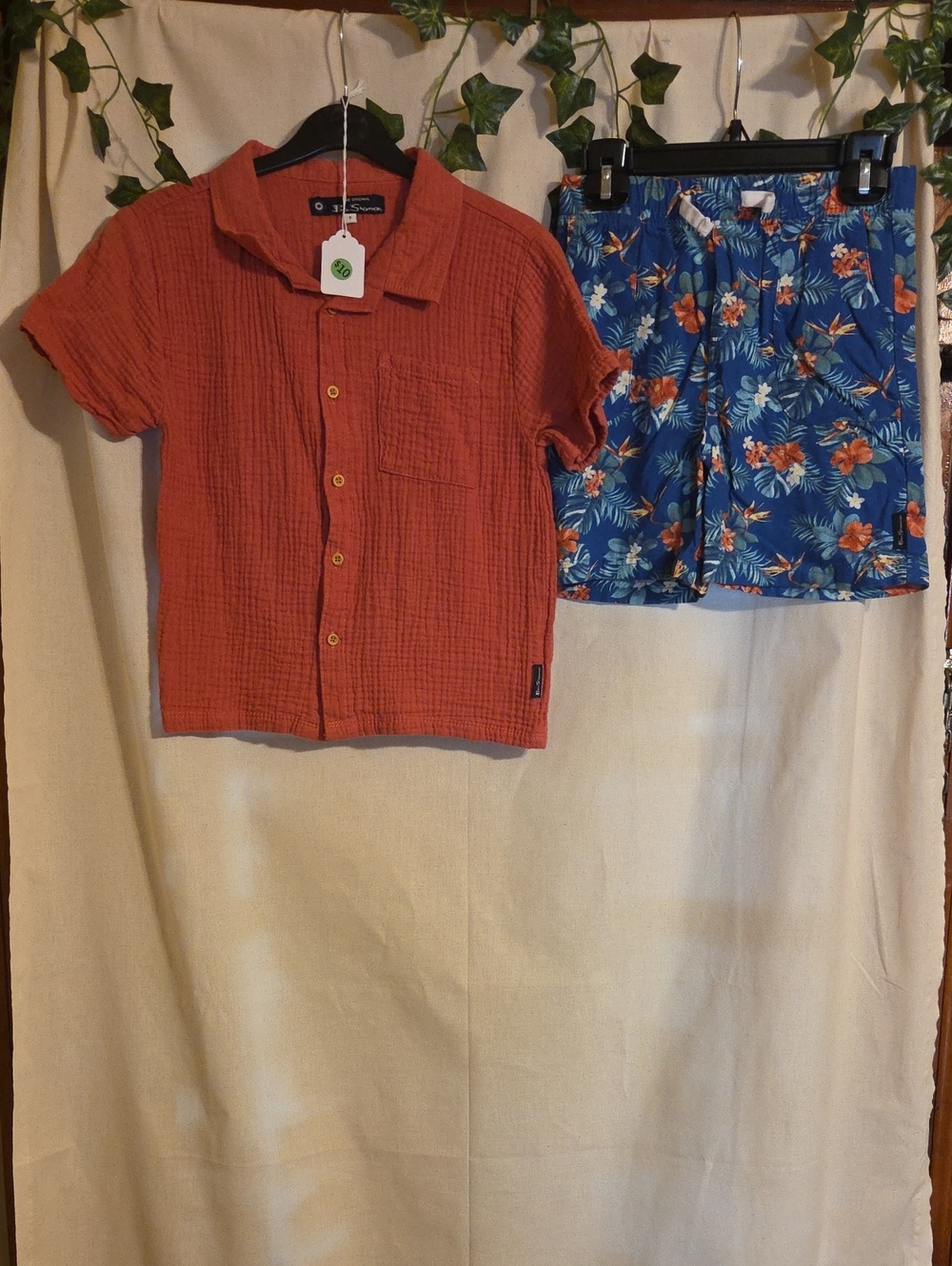 Ben Sherman Kids Rust Orange Short-Sleeve Button Shirt with Blue Floral Shorts